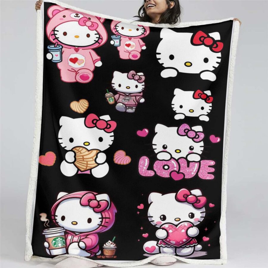 Hello Kitty, schwarzer Hintergrund und rosa Kätzchen Decke - Fleecedecke